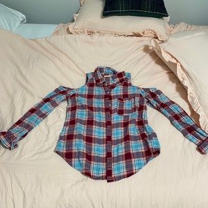 Plaid cut out shoulder flannel